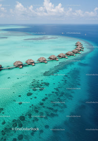 Tropical Overwater Bungalows in Clear Turquoise Ocean Water