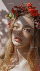 Young Woman with Red Floral Crown and Purple Grapes Outdoor Portrait