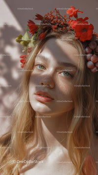 Young Woman with Red Floral Crown and Purple Grapes Outdoor Portrait