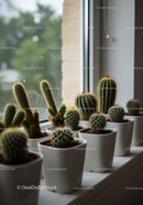 Indoor Potted Cacti and Succulents on Windowsill for Home Decor