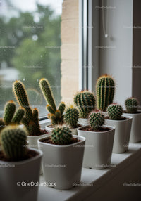 Indoor Potted Cacti and Succulents on Windowsill for Home Decor
