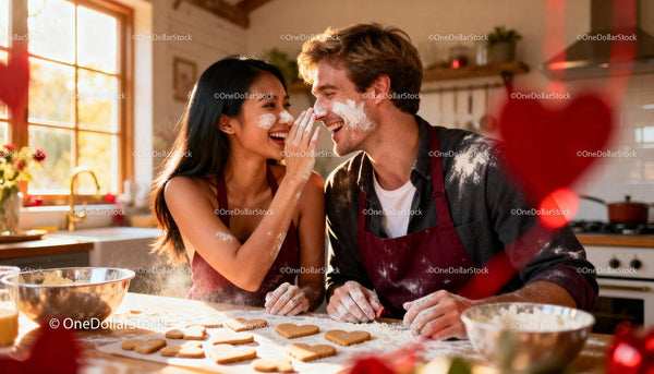 Couple Laughing and Baking Heart Cookies Together