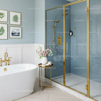Modern bathroom interior with blue shower and gold accents