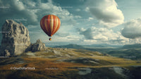 Colorful Hot Air Balloon Floating Over Rocky Mountain Landscape