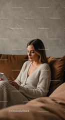 Relaxed Woman Sitting on Couch Using Tablet in Cozy Home Setting