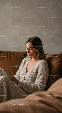 Relaxed Woman Sitting on Couch Using Tablet in Cozy Home Setting