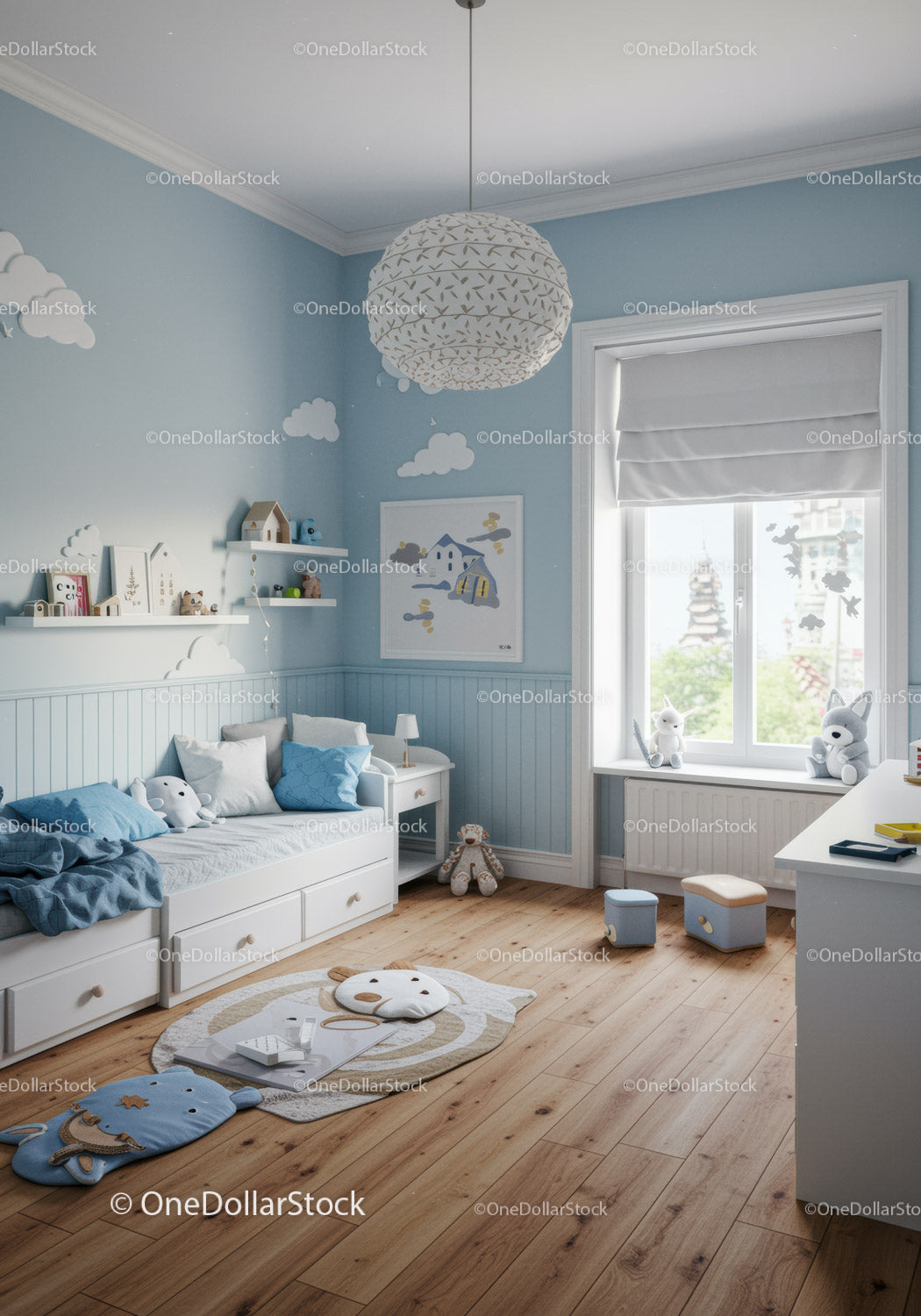 Cozy Blue Nursery Room with Cloud Wall Decals and Plush Toys
