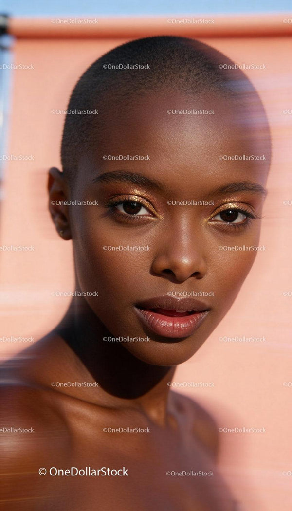 Close up portrait of confident woman with shaved head