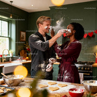 Couple Playfully Baking Heart Cookies at Home