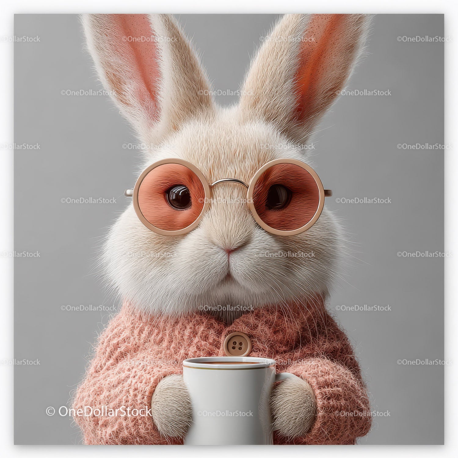 Cute Bunny Wearing Sunglasses and Cozy Pink Sweater Holding Coffee Mug