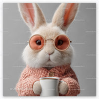 Cute Bunny Wearing Sunglasses and Cozy Pink Sweater Holding Coffee Mug