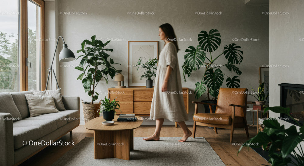 Elegant Woman Walking in a Modern Living Room with Plants