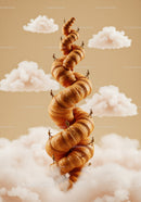 Miniature hikers climbing spiral croissant tower in clouds