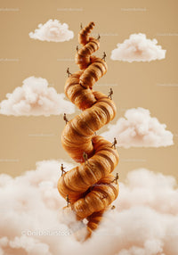 Miniature hikers climbing spiral croissant tower in clouds