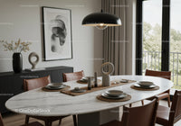 Modern Dining Room with Marble Table and Brown Leather Chairs