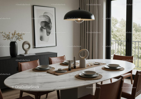 Modern Dining Room with Marble Table and Brown Leather Chairs