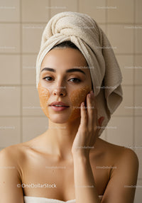Young Woman with Facial Mask Applying Skincare Treatment in Spa