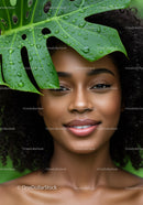 Close-Up of a Smiling Woman with Tropical Leaf and Water Droplets