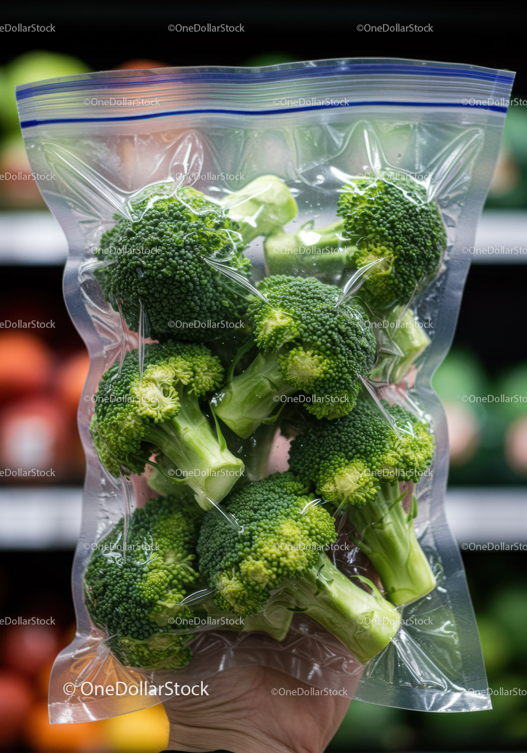 Fresh broccoli florets in resealable plastic bag held by hand