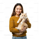 Smiling woman holding fluffy cream cat indoors