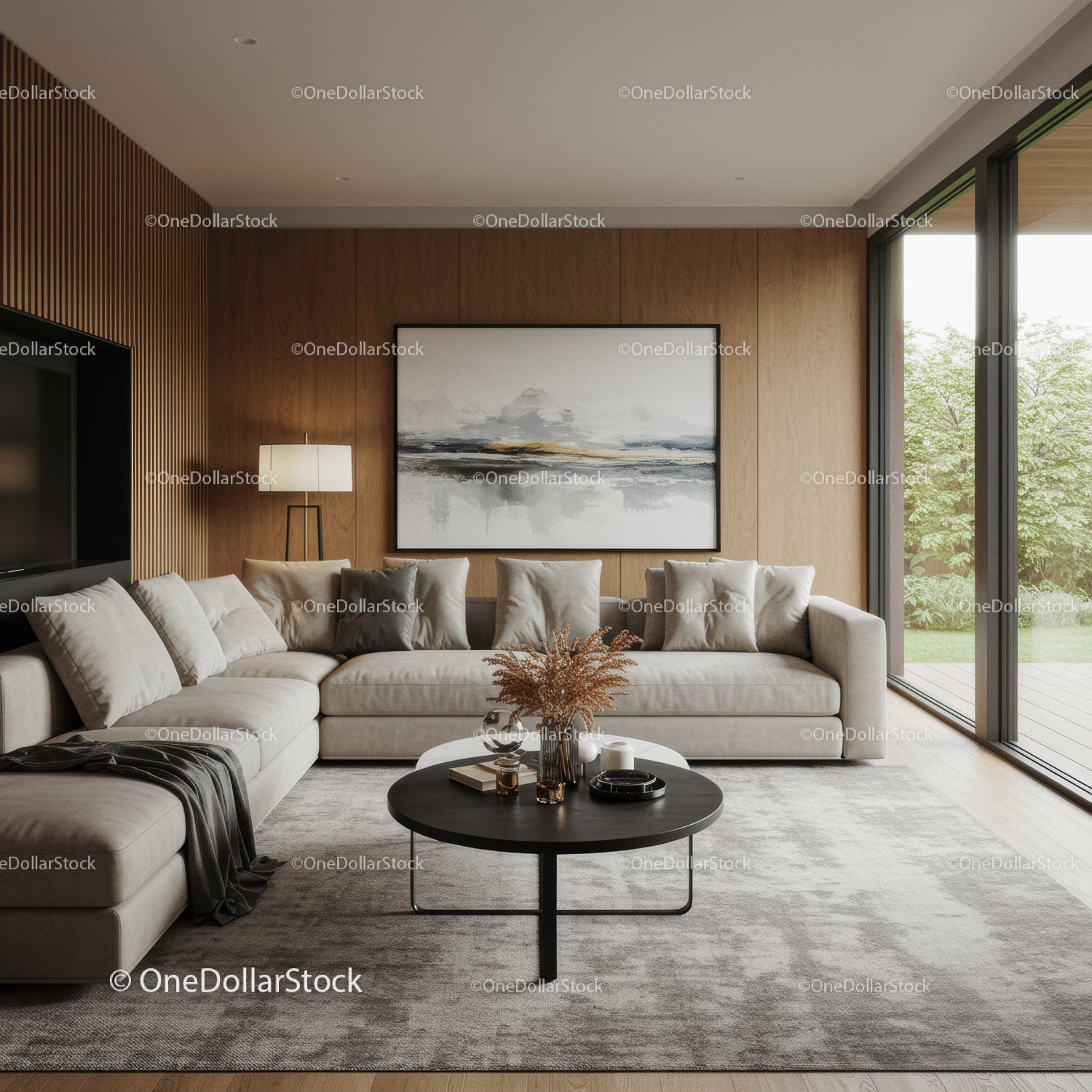 Modern Minimalist Lounge with Neutral Decor and Large Windows