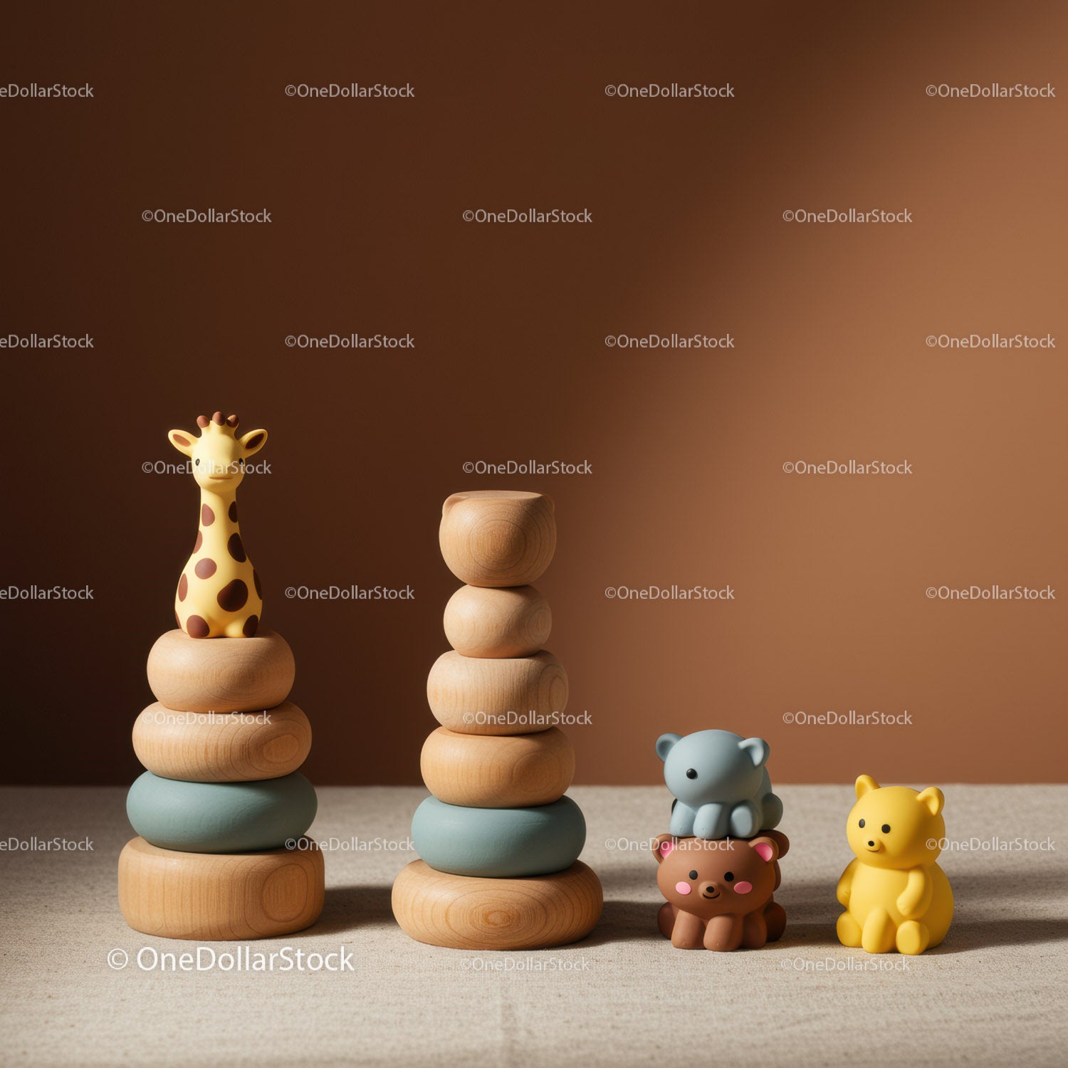 Wooden Stacking Toys and Animal Figures on Brown Background