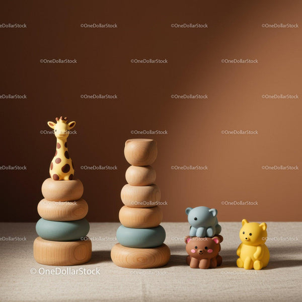 Wooden Stacking Toys and Animal Figures on Brown Background