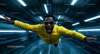 Dynamic Man in Yellow Jumpsuit Against Futuristic Background