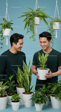 Two men caring for indoor plants in bright studio