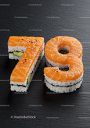 Creative sushi rolls shaped as numbers seventy nine