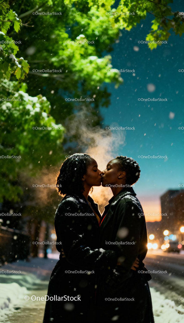 Couple Sharing a Tender Winter Kiss in Evening Light
