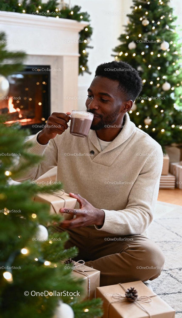 Man enjoying hot cocoa by decorated Christmas tree
