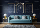 Modern living room with blue sofa and star maps