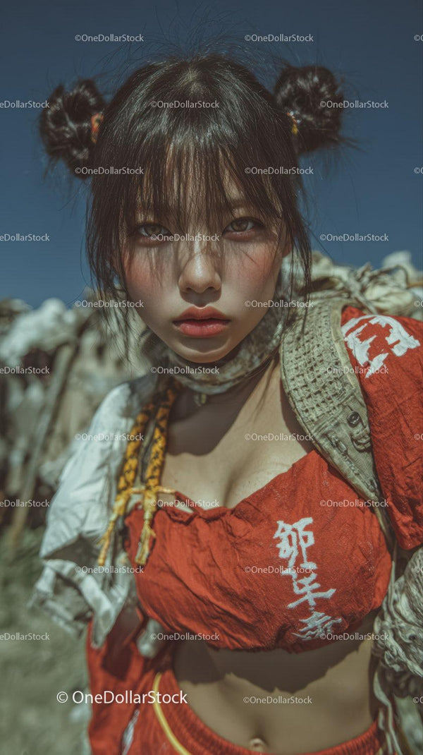 Vibrant Young Woman in Bold Orange Outfit with Unique Hairstyle