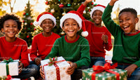 Group of kids celebrating Christmas with gifts and smiles