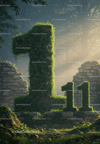 Green ivy-covered number one in misty forest ruins