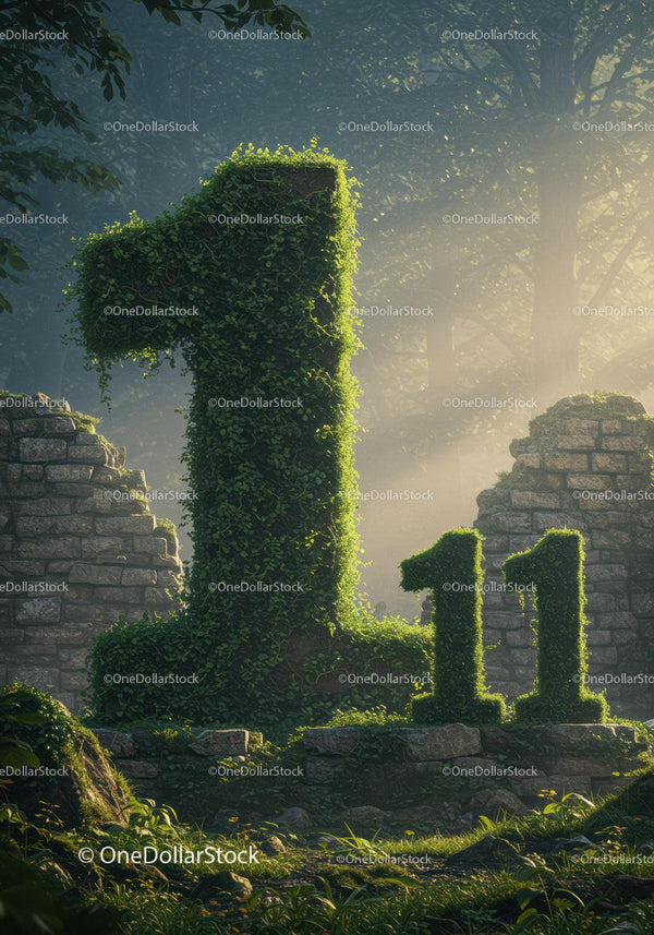 Green ivy-covered number one in misty forest ruins