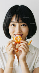 Young Woman Enjoying Fresh Orange with Bright Smile and Short Hair