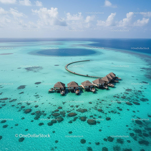 Overwater Bungalows in Crystal Clear Turquoise Lagoon with Wooden Pier