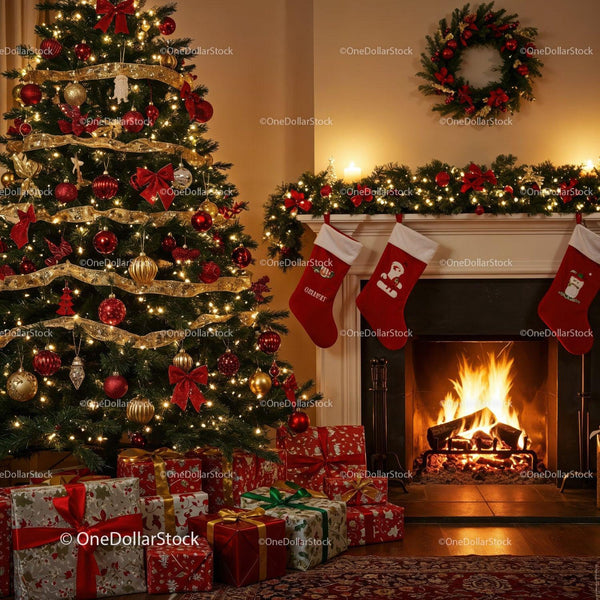 Cozy Living Room with Christmas Tree and Fireplace