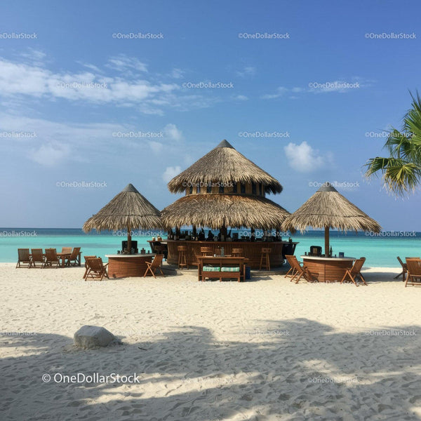 Tropical Beach with thatched-roof bars and Ocean View for Vacation
