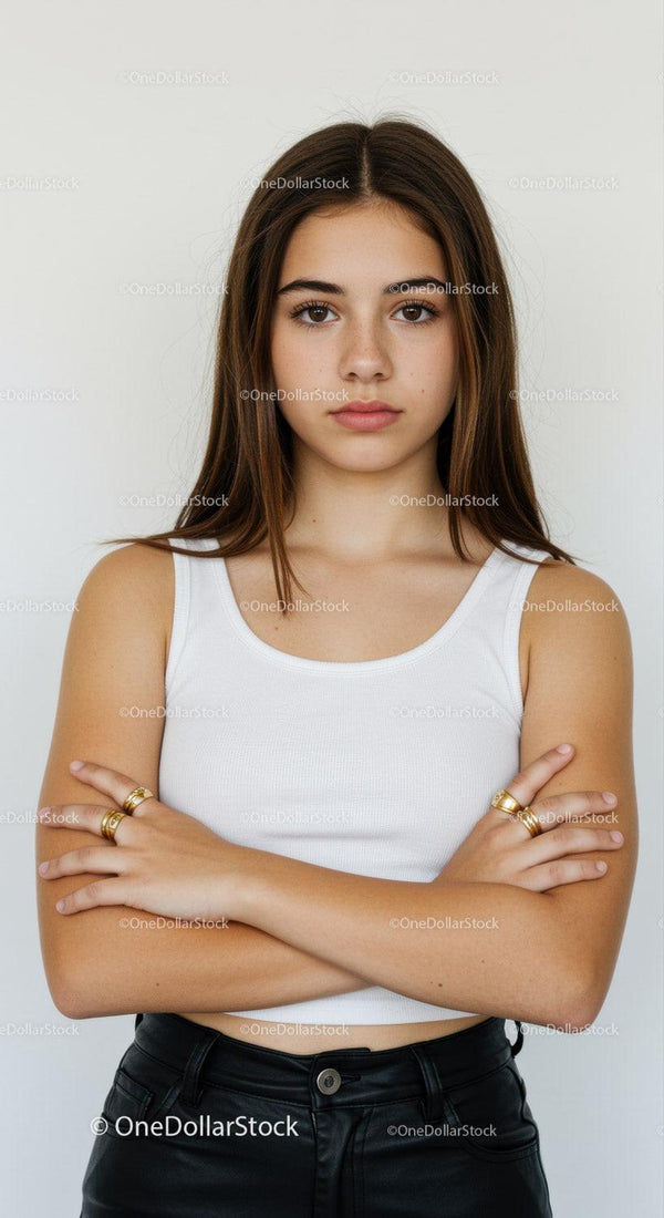 Teen Girl with Confident Expression in White Tank Top