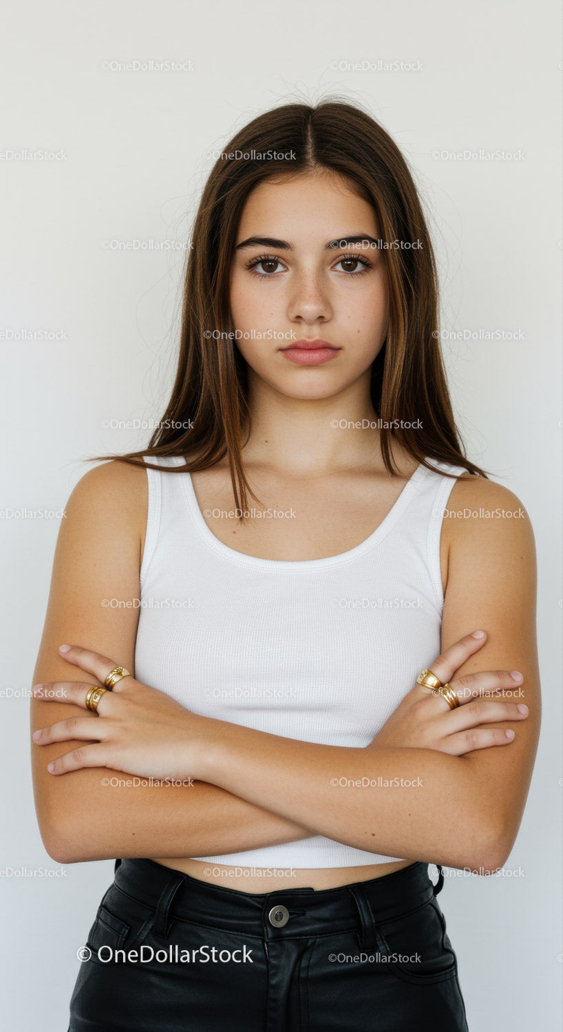 Teen Girl with Confident Expression in White Tank Top