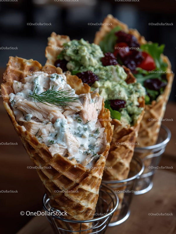Świeża Sałatka z Kurczaka w Wafelku z Ozdobą z Jagód