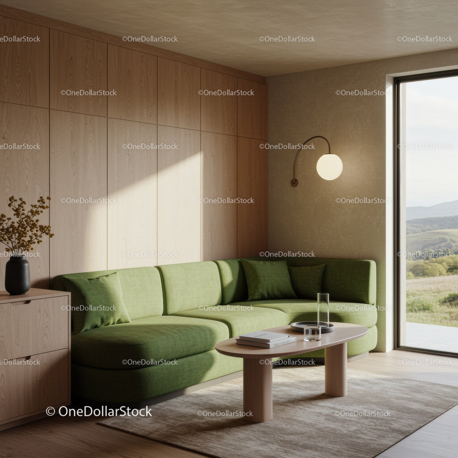 Cozy Living Room with Green Sofa and Natural Light