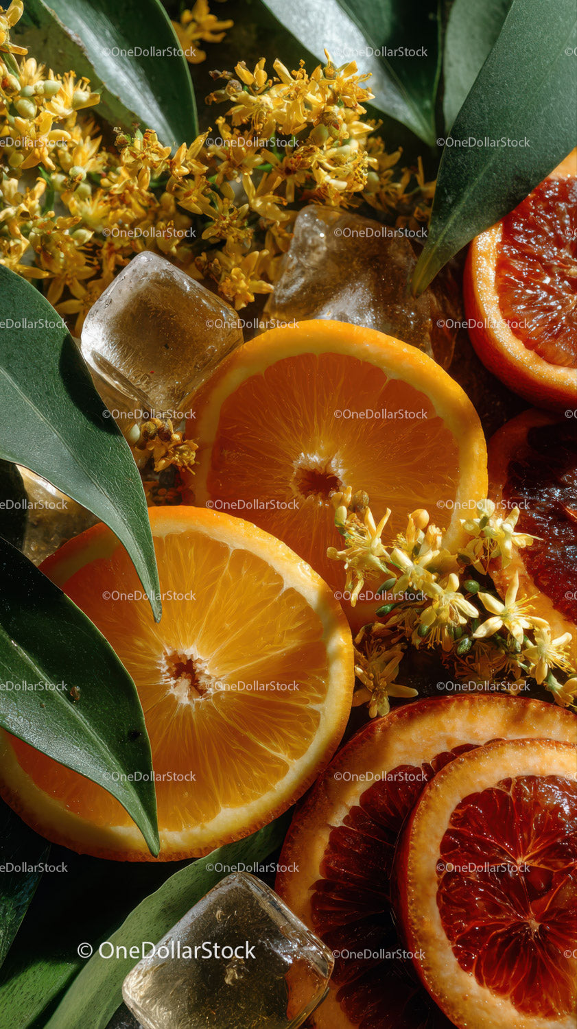 Vivid Citrus Fruit Halves with Green Leaves and Ice Cubes