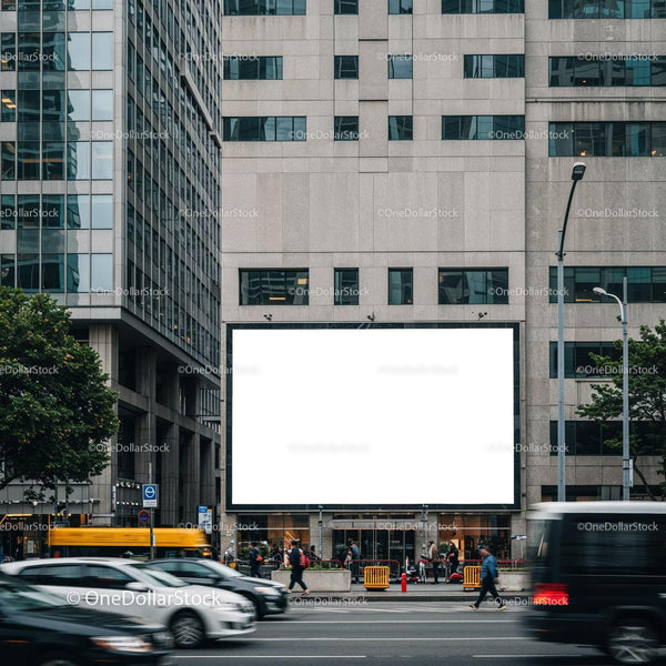 City street scene with blank billboard on office building JPG Mockup Image