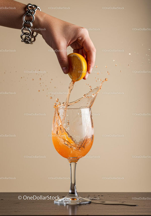 Hand Squeezing Fresh Lemon Into Splashing Drink Glass
