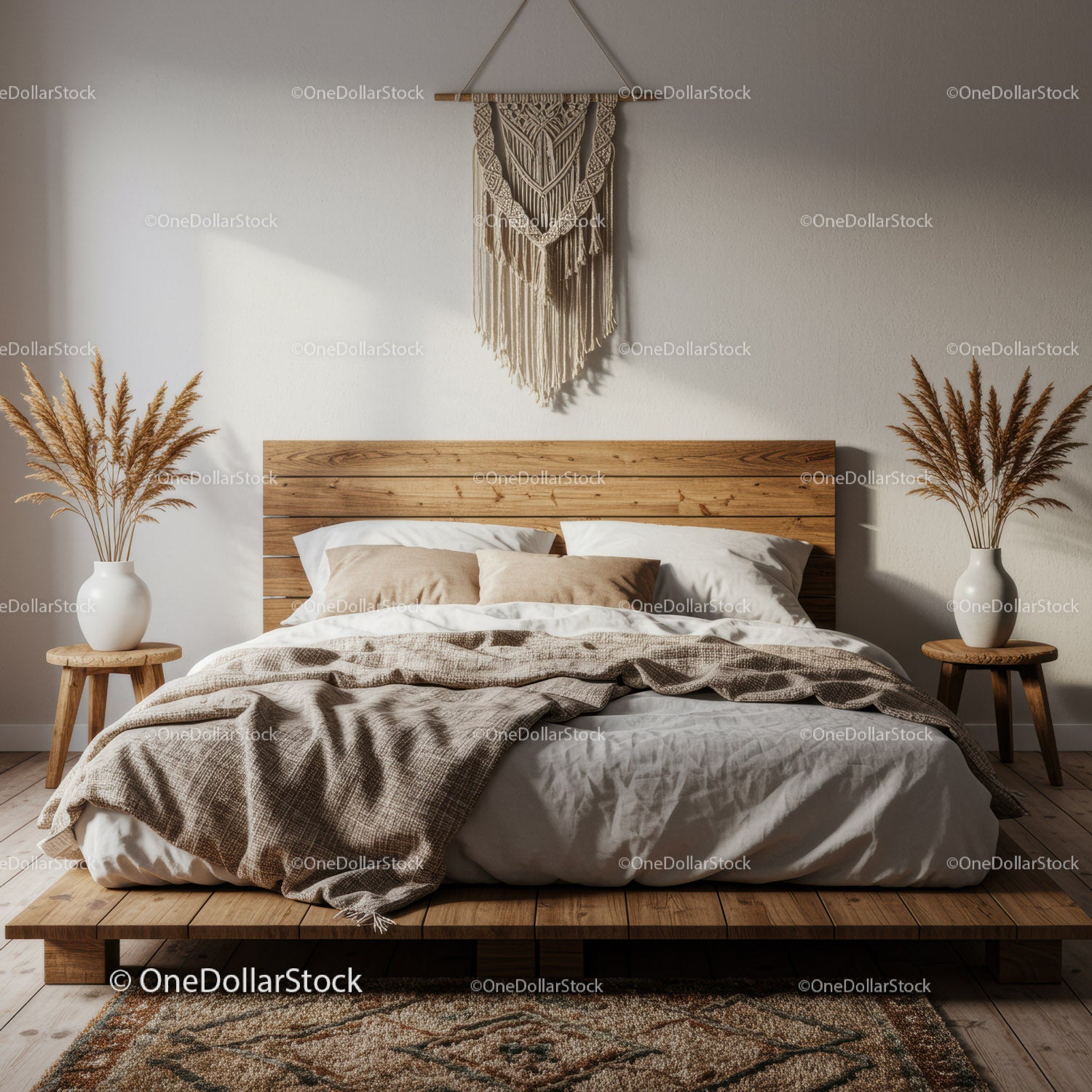 Cozy neutral bedroom with wooden bed and decor
