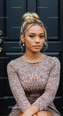 Young woman with elegant bun wearing floral dress